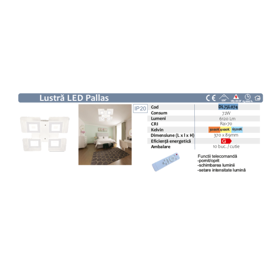 Lustra LED PALLAS 72W, 4 Brate, 370x89 mm, 3 Culori, IR