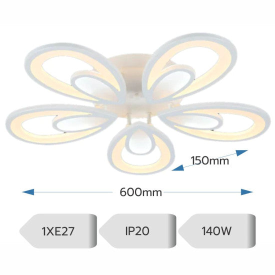 Lustra LED Iris 140W, 5 Brate, Telecomanda IR, 3 Culori, 600 mm