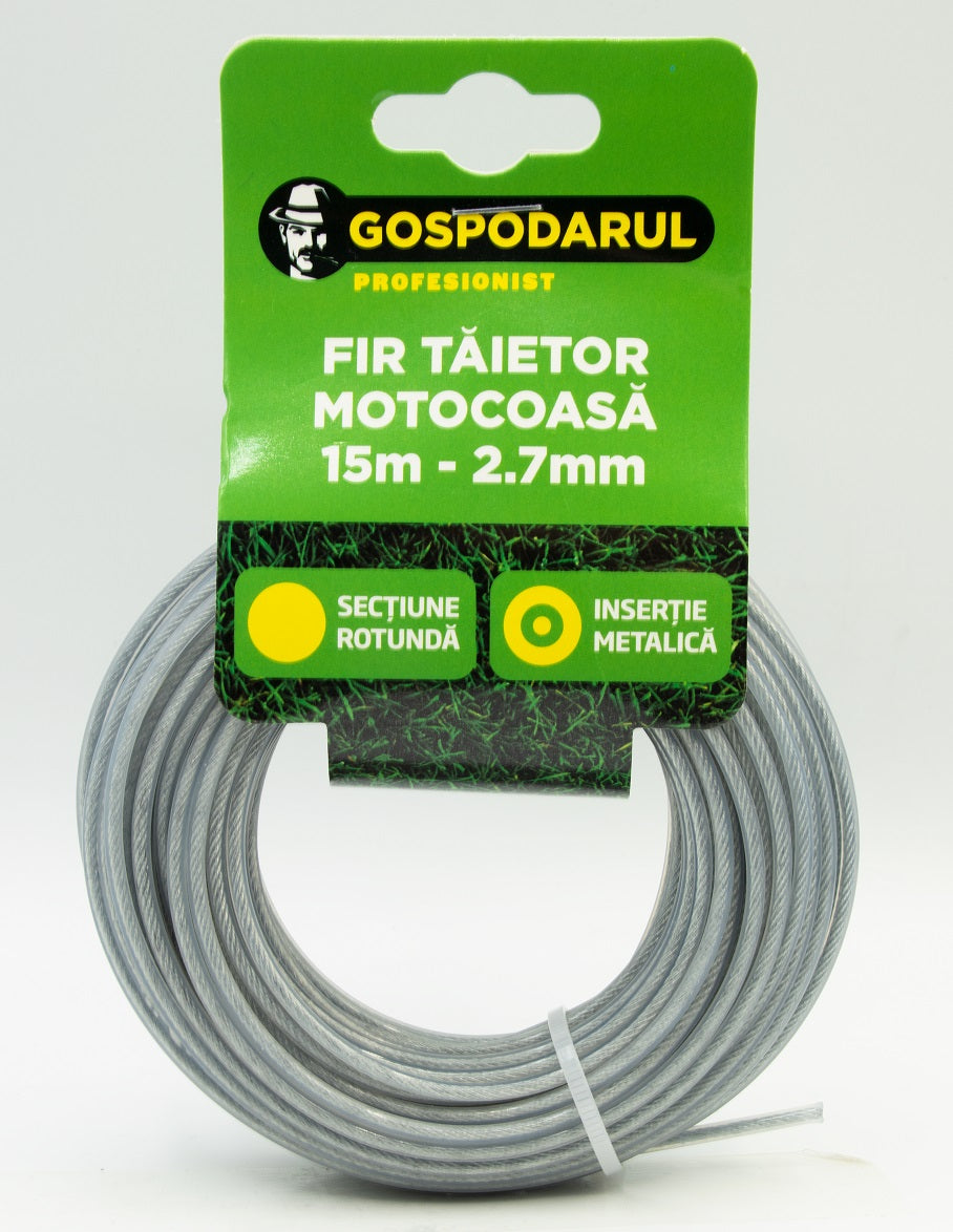 Fir taietor cu insertie metalica, 15 m, 2.7 mm, sectiune rotunda – rezistenta sporita pentru cosit eficient
