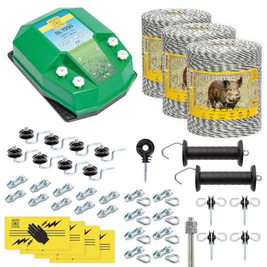 Pachet gard electric complet 3000m 7.2 Joule pentru animale salbatice fir izolatori maner poarta conectori