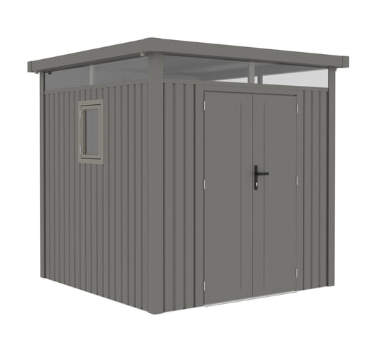 Casuta / magazie de gradina premium metalica KLUGMEISTER Anna-B, Gri Aluminiu, 230x230x222 cm, cu fereastra si baza metalica