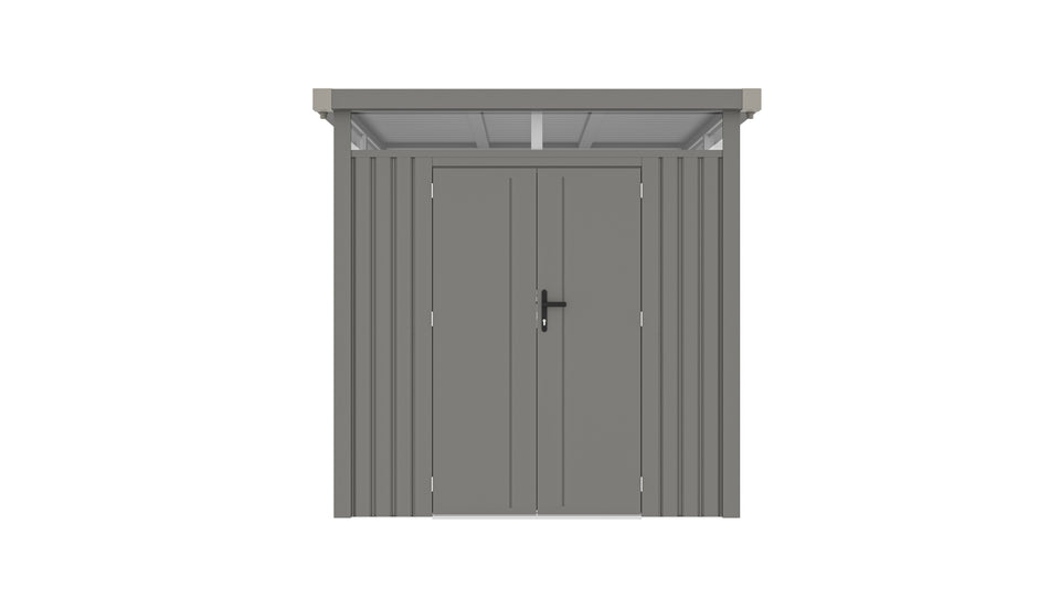 Casuta / magazie de gradina premium metalica KLUGMEISTER Anna-B, Gri Aluminiu, 230x230x222 cm, cu fereastra si baza metalica