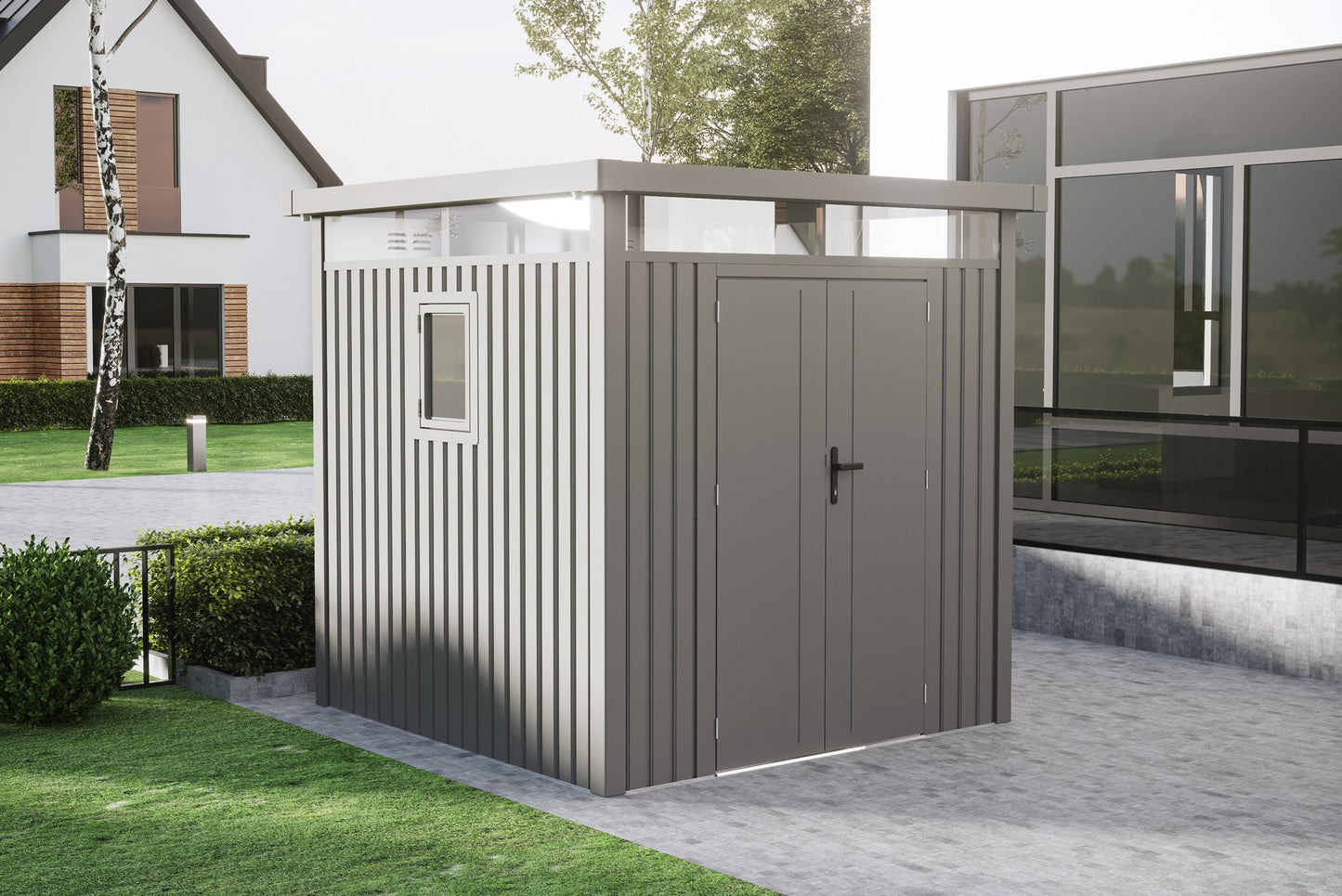 Casuta / magazie de gradina premium metalica KLUGMEISTER Anna-B, Gri Aluminiu, 230x230x222 cm, cu fereastra si baza metalica