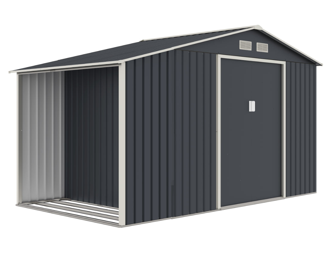 Casuta gradina metalica premium KLUGMEISTER Luke B, Gri/Bej, 267x181x203 cm, cu extensie pentru lemne, baza metalica si ventilatie