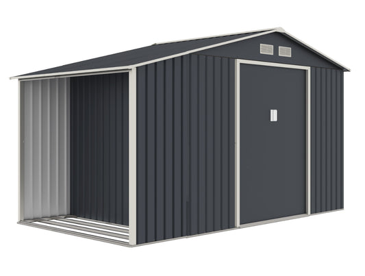 Casuta gradina metalica premium KLUGMEISTER Luke B, Gri/Bej, 267x181x203 cm, cu extensie pentru lemne, baza metalica si ventilatie