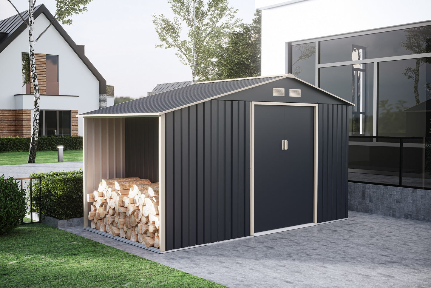 Casuta gradina metalica premium KLUGMEISTER Luke B, Gri/Bej, 267x181x203 cm, cu extensie pentru lemne, baza metalica si ventilatie