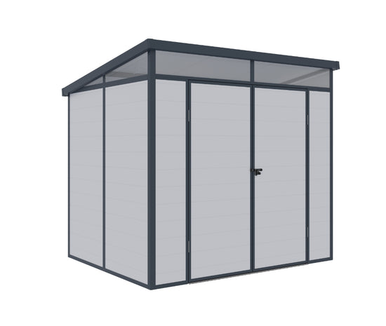Casuta / magazie de gradina premium din material plastic, KLUGMEISTER Toya B Gri, dimensiuni 238x191x215 cm, cu baza metalica