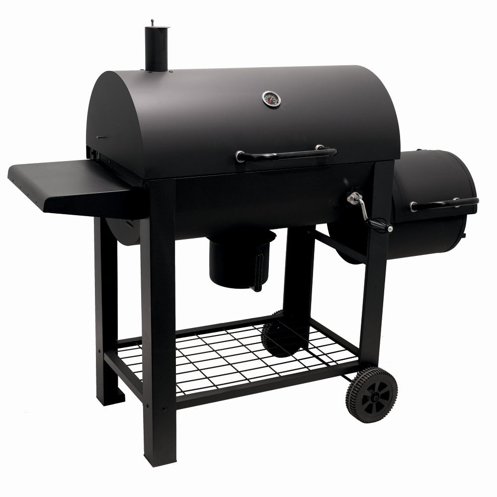 Gratar pe carbuni cu afumatoare KLUGMEISTER KY23020G, material otel, cu capac si roti de deplasare, suprafata gatire 66x42 cm