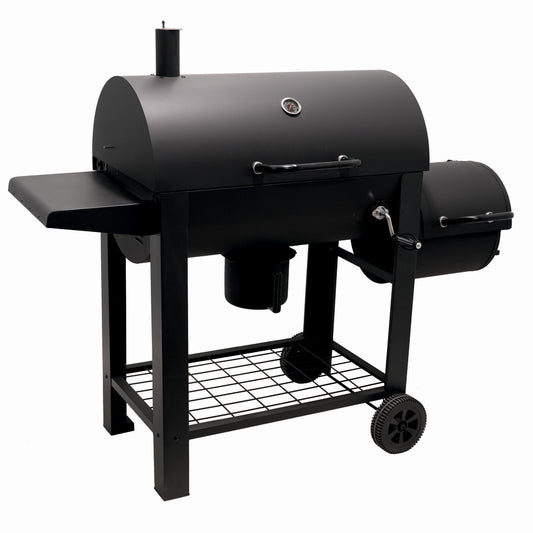 Gratar pe carbuni cu afumatoare KLUGMEISTER KY23020G, material otel, cu capac si roti de deplasare, suprafata gatire 66x42 cm