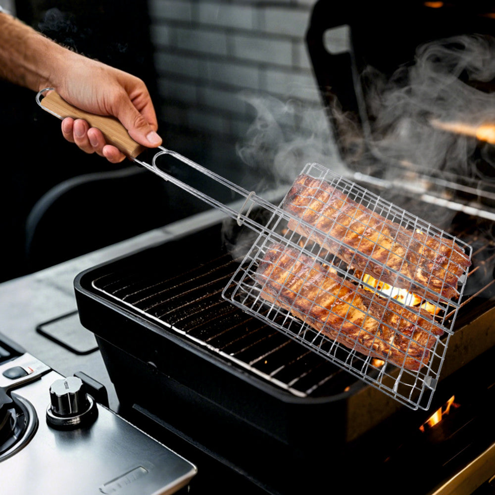 Suport carne pentru gratar KLUGMEISTER KY049, din otel, cu maner de lemn