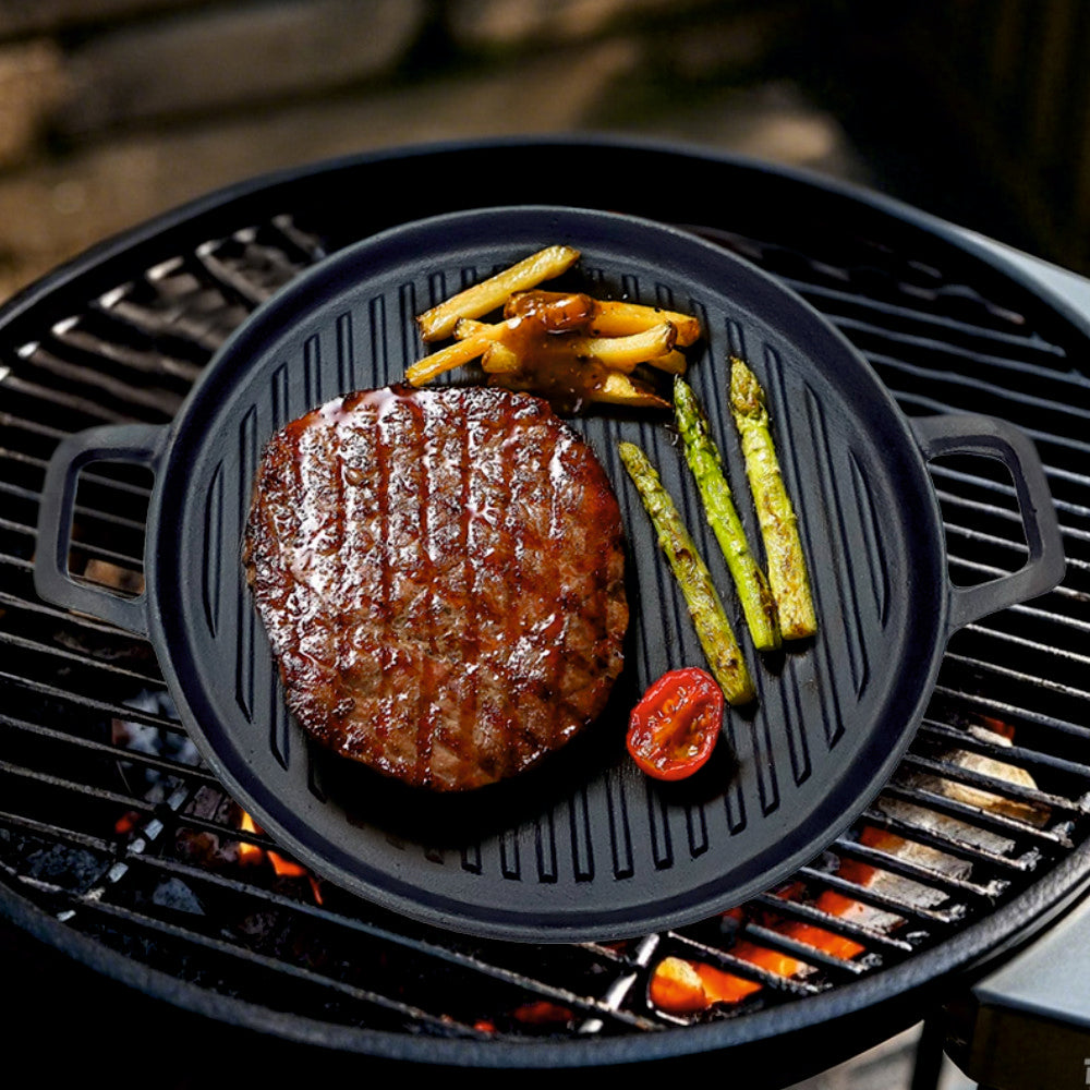 Tava rotunda din fonta pentru gratar KLUGMEISTER KY30ZT, diametru 30 cm, manere laterale