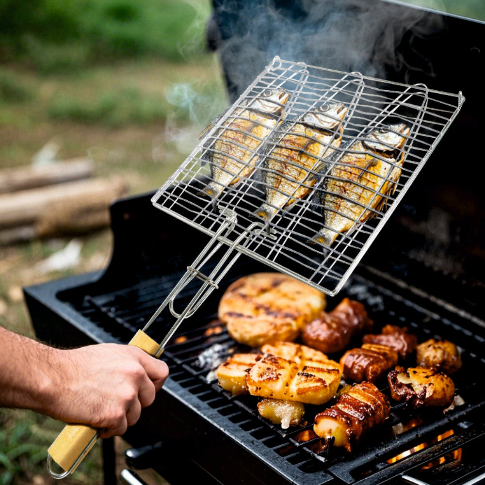 Suport triplu pentru prajit peste la gratar KLUGMEISTER KY3769, material inox cu maner de lemn