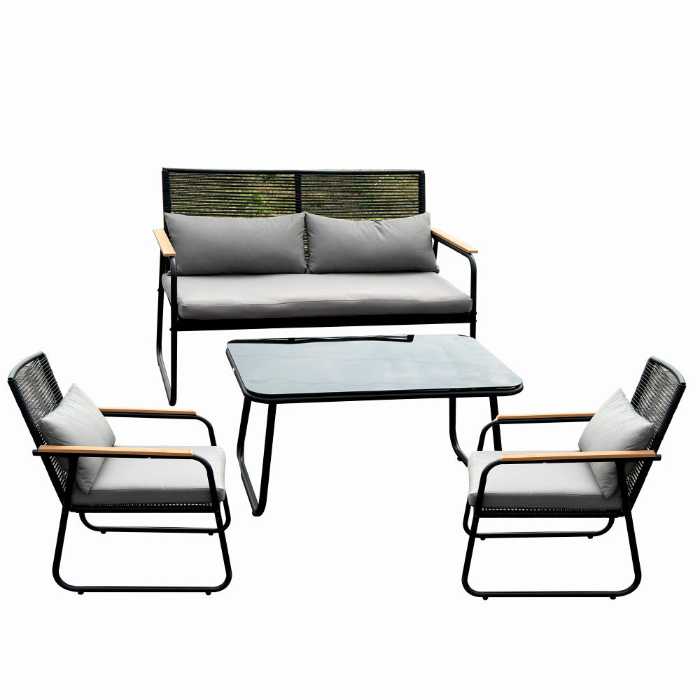Set mobilier terasa/gradina KLUGMEISTER KJF3298, doua fotolii + canapea + masuta, cu perne incluse, culoare gri/negru