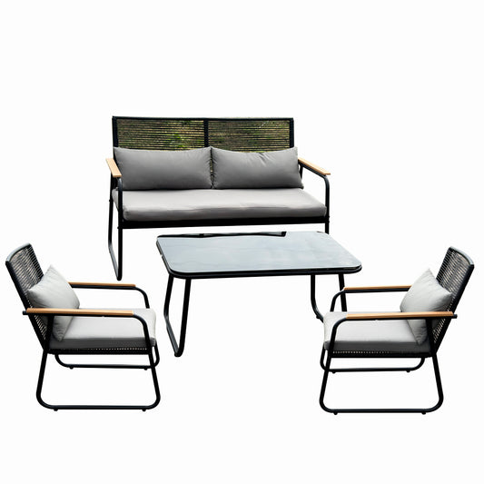 Set mobilier terasa/gradina KLUGMEISTER KJF3298, doua fotolii + canapea + masuta, cu perne incluse, culoare gri/negru