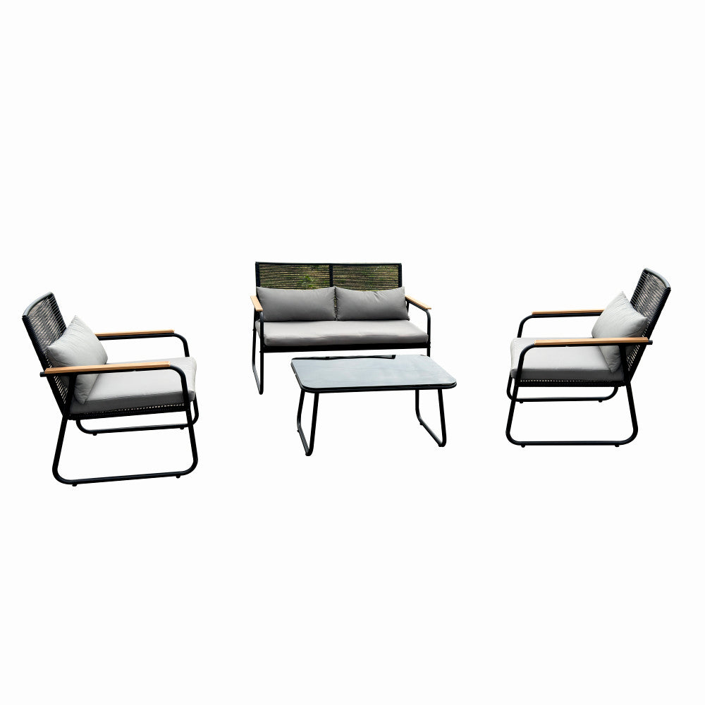 Set mobilier terasa/gradina KLUGMEISTER KJF3298, doua fotolii + canapea + masuta, cu perne incluse, culoare gri/negru