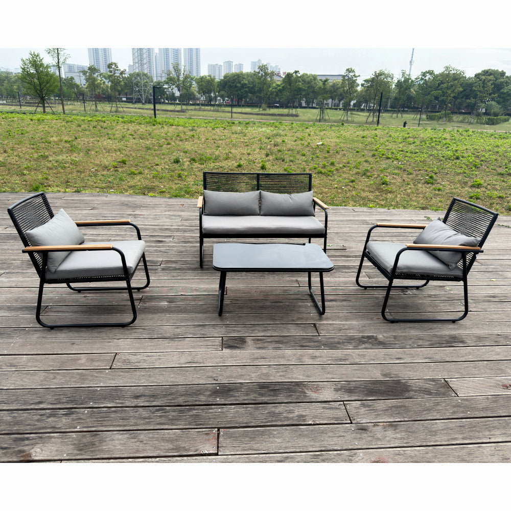 Set mobilier terasa/gradina KLUGMEISTER KJF3298, doua fotolii + canapea + masuta, cu perne incluse, culoare gri/negru