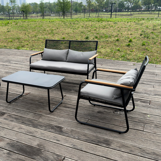 Set mobilier terasa/gradina KLUGMEISTER KJF3298, doua fotolii + canapea + masuta, cu perne incluse, culoare gri/negru