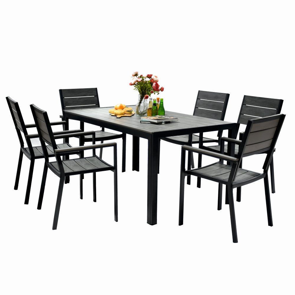 Set mobilier terasa/gradina KLUGMEISTER KJT2056, structura din otel, masa + 6 scaune din HDPE, culoare gri