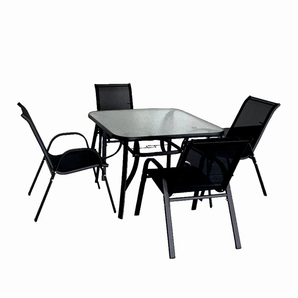 Set mobilier terasa/gradina KLUGMEISTER KJFT011, pentru patru persoane cu umbrela, culoare neagra