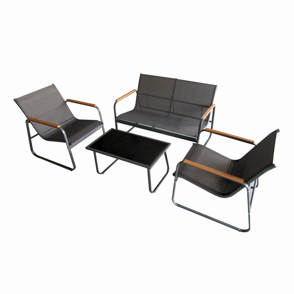 Set mobilier terasa/gradina KLUGMEISTER KJF5226, doua fotolii + canapea + masuta sticla, culoare neagra