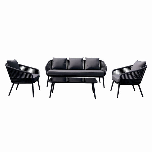 Set mobiler terasa/gradina din aluminiu KLUGMEISTER KJF10537, canapea + doua fotolii + masa din sticla (perne incluse), culoare gri