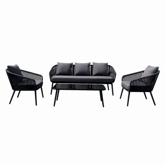 Set mobiler terasa/gradina din aluminiu KLUGMEISTER KJF10537, canapea + doua fotolii + masa din sticla (perne incluse), culoare gri