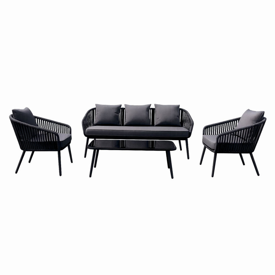 Set mobiler terasa/gradina din aluminiu KLUGMEISTER KJF10537, canapea + doua fotolii + masa din sticla (perne incluse), culoare gri