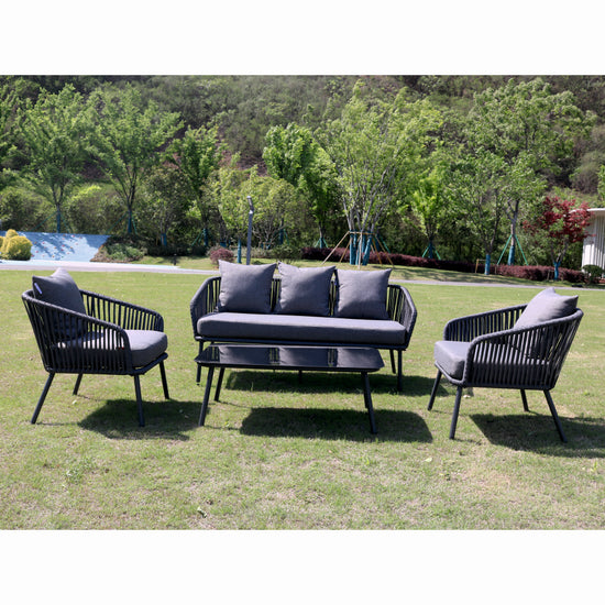 Set mobiler terasa/gradina din aluminiu KLUGMEISTER KJF10537, canapea + doua fotolii + masa din sticla (perne incluse), culoare gri