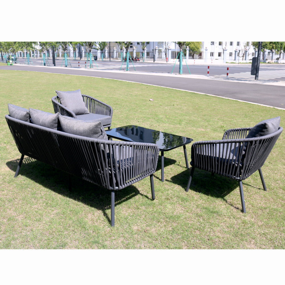 Set mobiler terasa/gradina din aluminiu KLUGMEISTER KJF10537, canapea + doua fotolii + masa din sticla (perne incluse), culoare gri