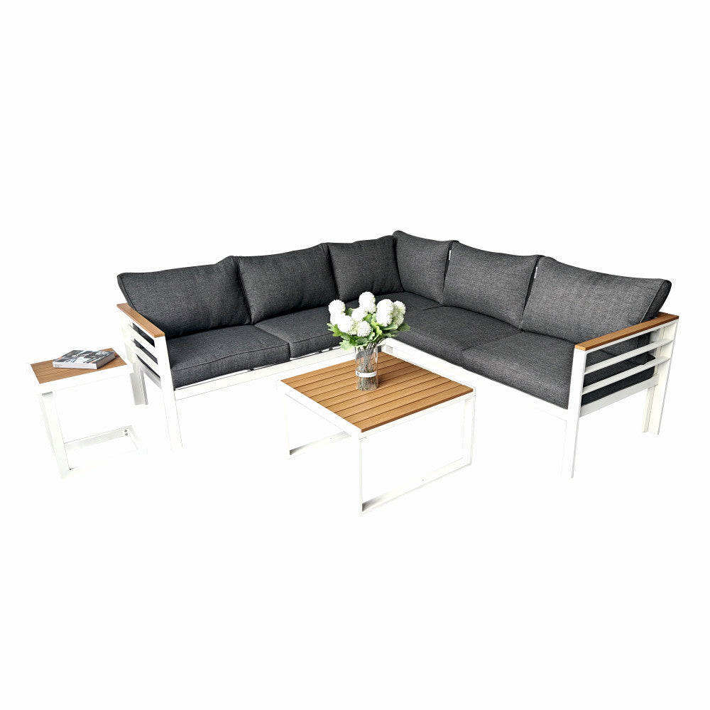 Set mobilier terasa/gradina KLUGMEISTER KJFA003, coltar 5 locuri si masa cu cadru de aluminiu, culoare gri