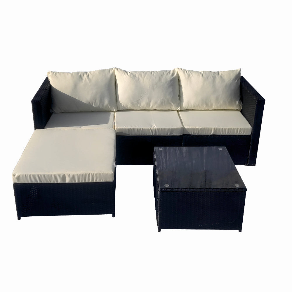 Set mobilier terasa/gradina tip ratan KLUGMEISTER KJFR008, canapea + suport picioare + masuta din sticla securizata, culoare gri