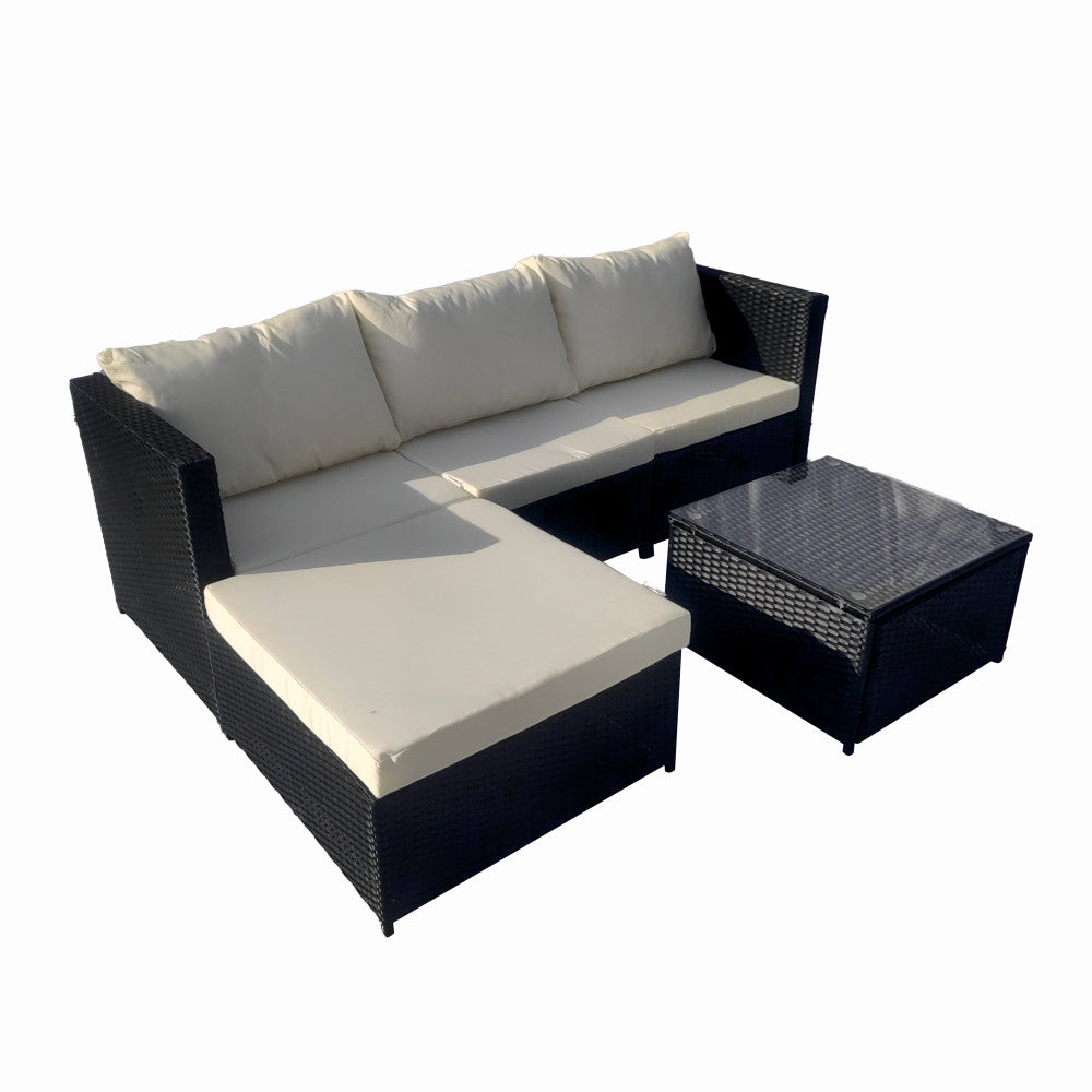 Set mobilier terasa/gradina tip ratan KLUGMEISTER KJFR008, canapea + suport picioare + masuta din sticla securizata, culoare gri