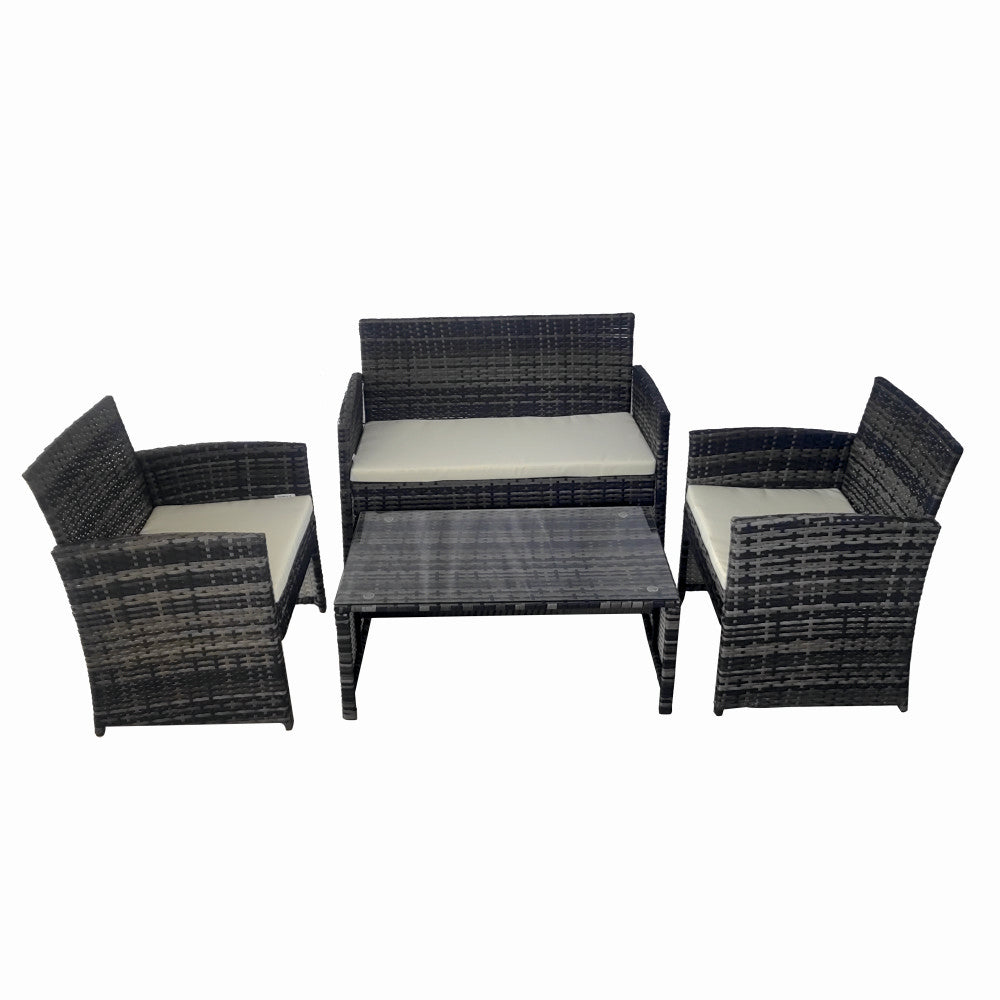 Set mobilier terasa/gradina tip ratan KLUGMEISTER KJFR030, canapea + doua fotolii + masuta din sticla securizata, culoare gri