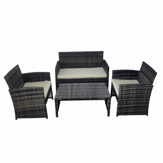 Set mobilier terasa/gradina tip ratan KLUGMEISTER KJFR030, canapea + doua fotolii + masuta din sticla securizata, culoare gri