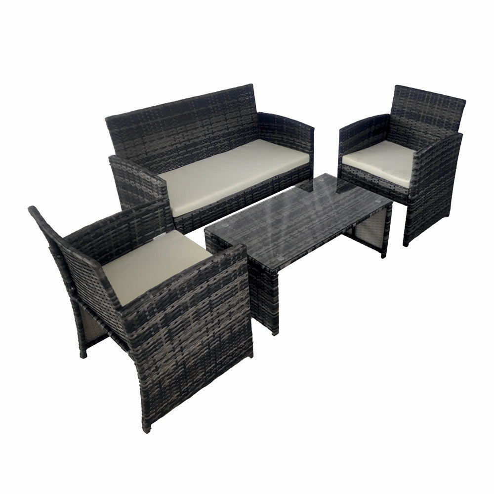 Set mobilier terasa/gradina tip ratan KLUGMEISTER KJFR030, canapea + doua fotolii + masuta din sticla securizata, culoare gri