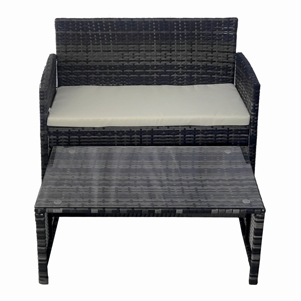 Set mobilier terasa/gradina tip ratan KLUGMEISTER KJFR030, canapea + doua fotolii + masuta din sticla securizata, culoare gri