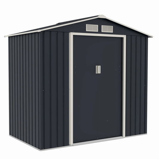 Casuta / magazie de gradina metalica ZEP Archer-A, 213x131x195 cm, Gri/Bej, cu usi culisante si baza metalica