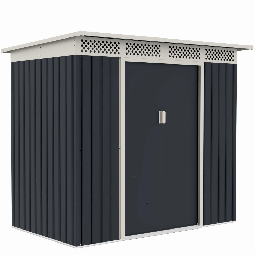 Casuta / magazie de gradina metalica ZEP Bella-A, 215x142x184 cm, Gri/Bej, cu usi culisante si baza metalica