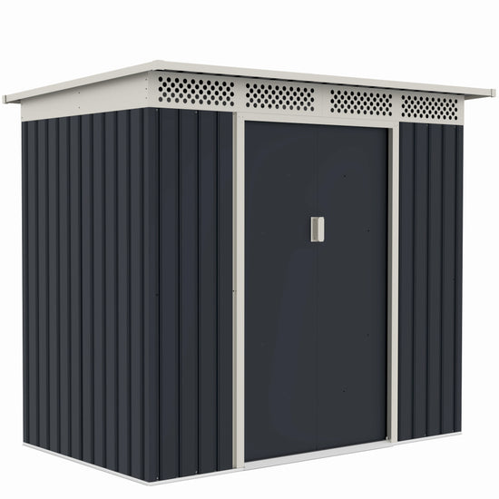 Casuta / magazie de gradina metalica ZEP Bella-A, 215x142x184 cm, Gri/Bej, cu usi culisante si baza metalica