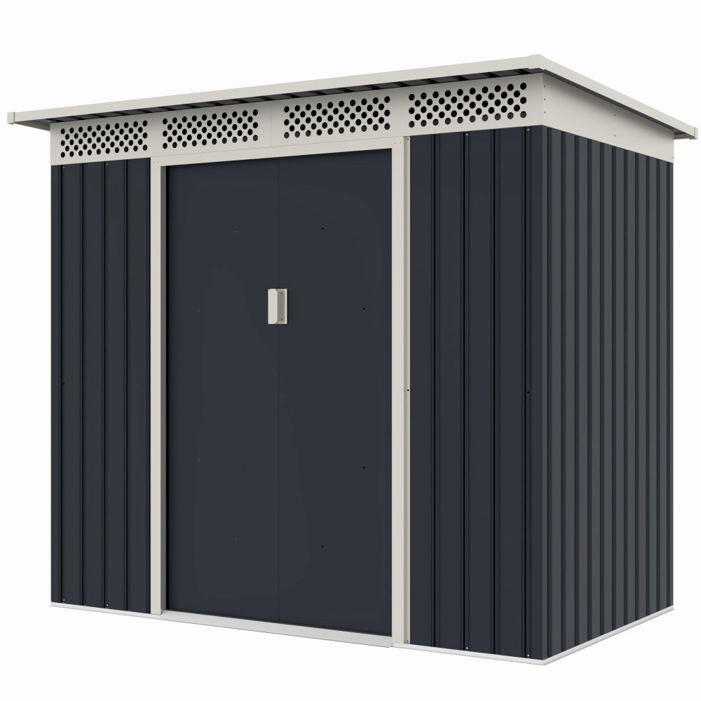 Casuta / magazie de gradina metalica ZEP Bella-A, 215x142x184 cm, Gri/Bej, cu usi culisante si baza metalica