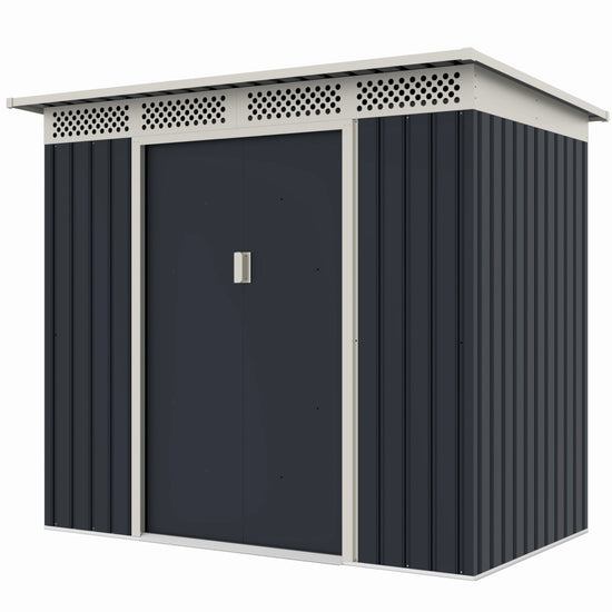 Casuta / magazie de gradina metalica ZEP Bella-A, 215x142x184 cm, Gri/Bej, cu usi culisante si baza metalica