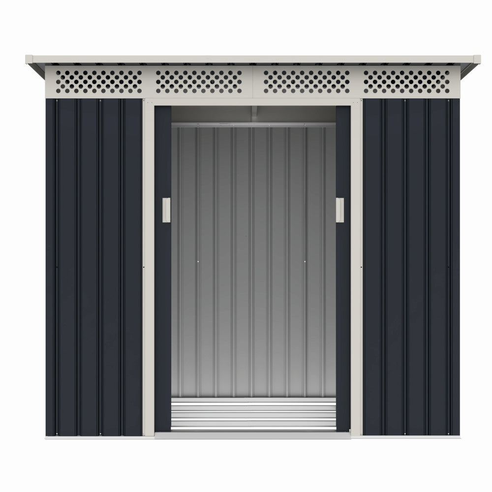 Casuta / magazie de gradina metalica ZEP Bella-A, 215x142x184 cm, Gri/Bej, cu usi culisante si baza metalica