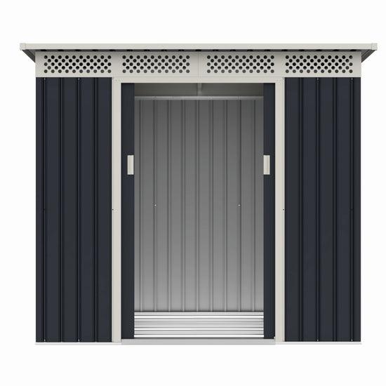 Casuta / magazie de gradina metalica ZEP Bella-A, 215x142x184 cm, Gri/Bej, cu usi culisante si baza metalica