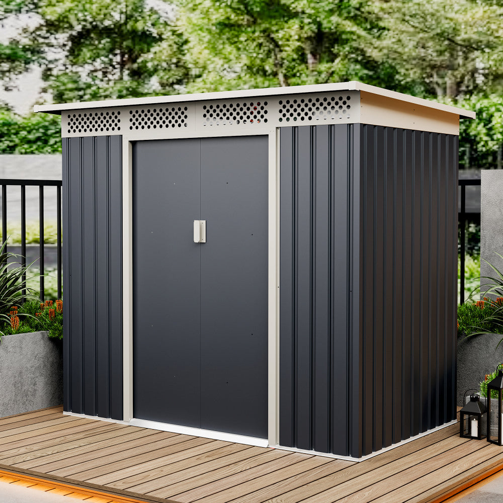 Casuta / magazie de gradina metalica ZEP Bella-A, 215x142x184 cm, Gri/Bej, cu usi culisante si baza metalica