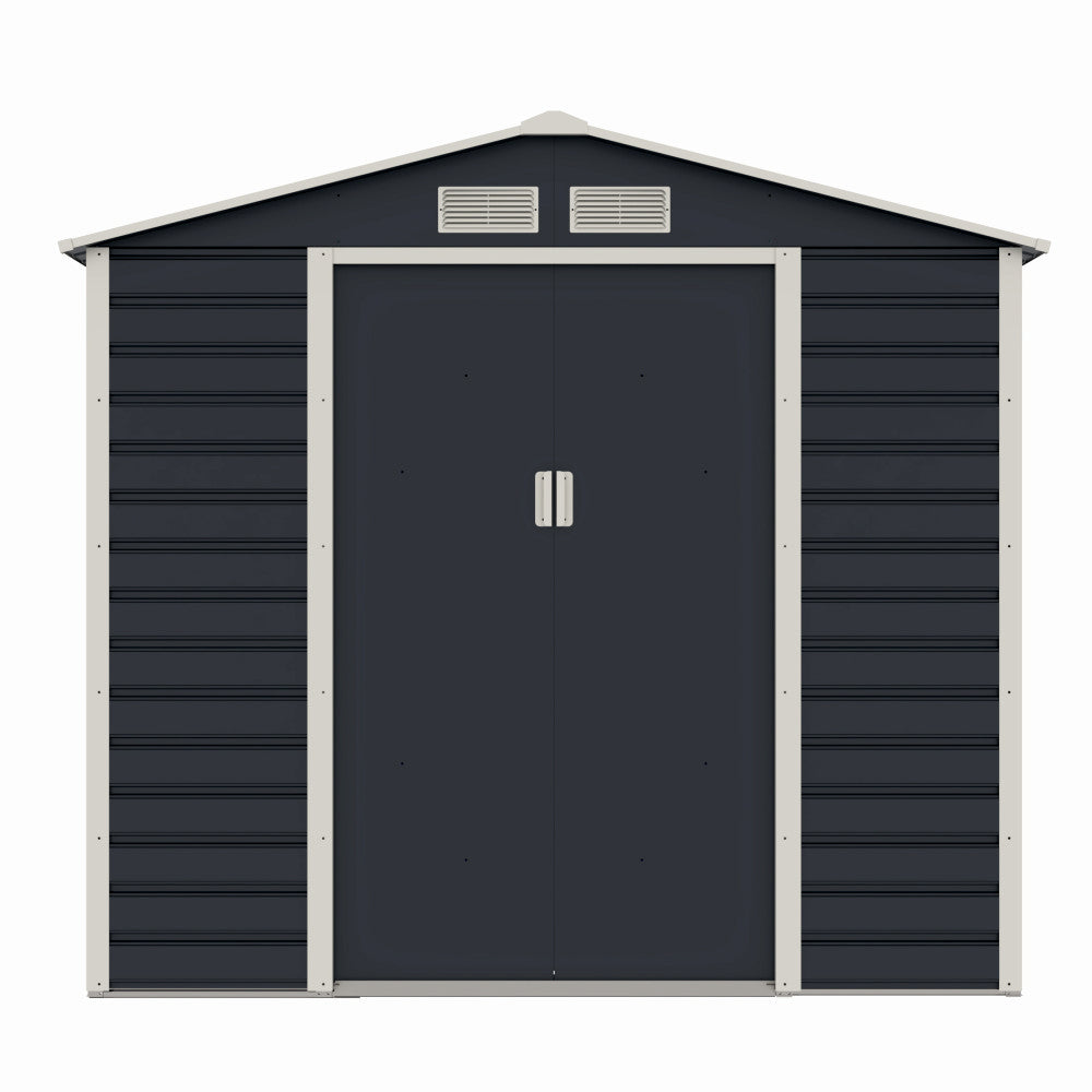 Casuta / magazie de gradina metalica ZEP Evan-A, 213x131x192 cm, Gri/Bej, cu usi culisante si baza metalica