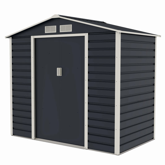 Casuta / magazie de gradina metalica ZEP Evan-A, 213x131x192 cm, Gri/Bej, cu usi culisante si baza metalica