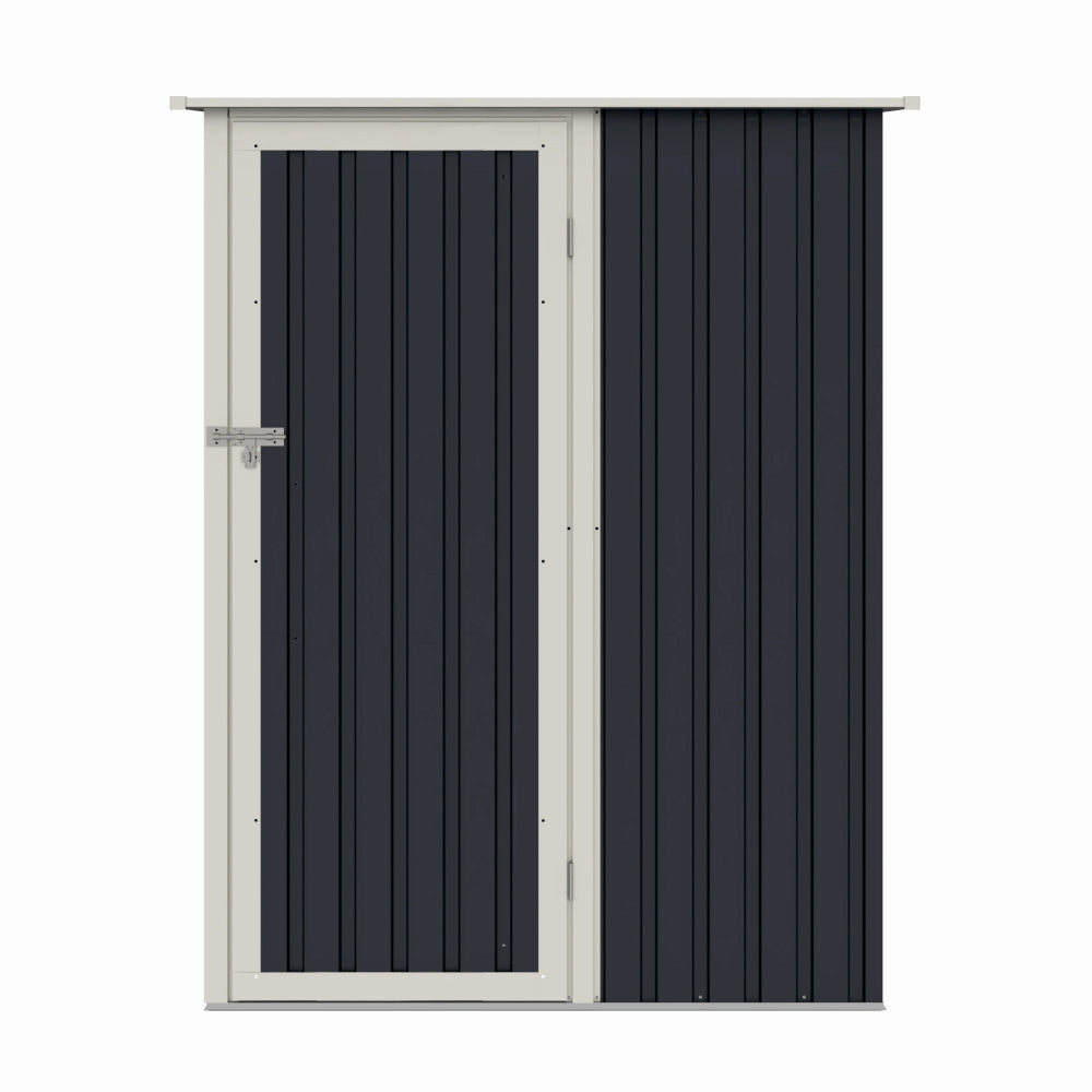 Casuta / magazie de gradina metalica ZEP Joy-A, 143x89x186 cm, Gri/Bej, cu usa pe balamale si baza metalica