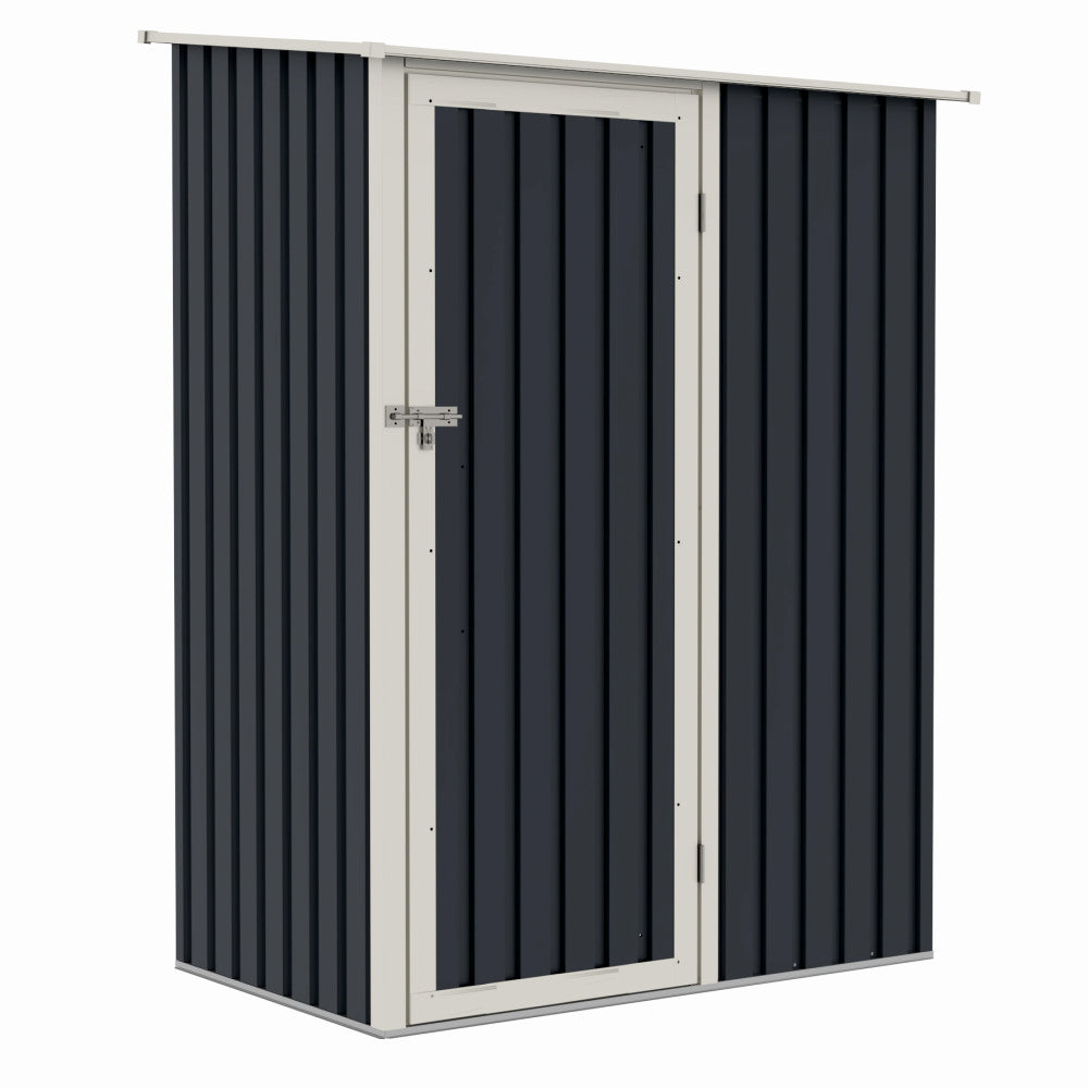 Casuta / magazie de gradina metalica ZEP Joy-A, 143x89x186 cm, Gri/Bej, cu usa pe balamale si baza metalica