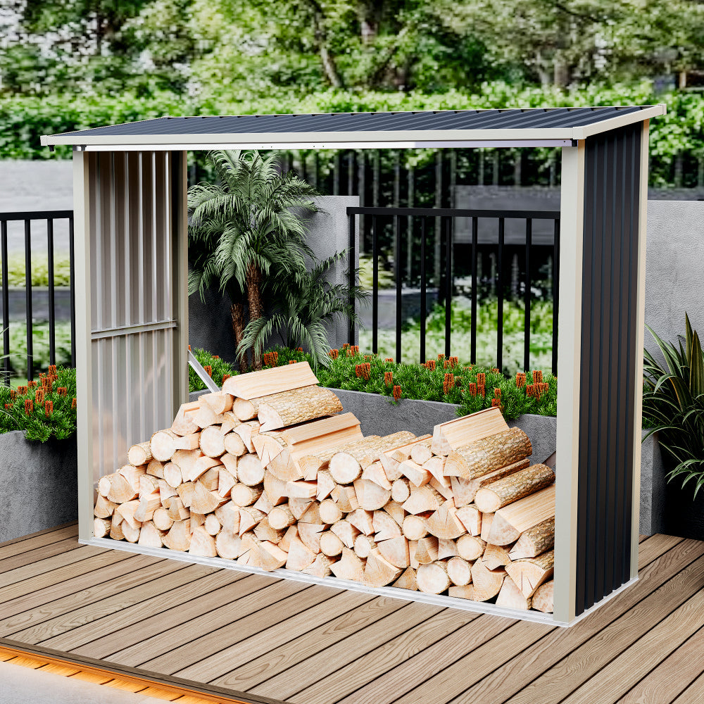 Magazie de lemne metalica ZEP, 242x89x190 cm, Gri/Bej