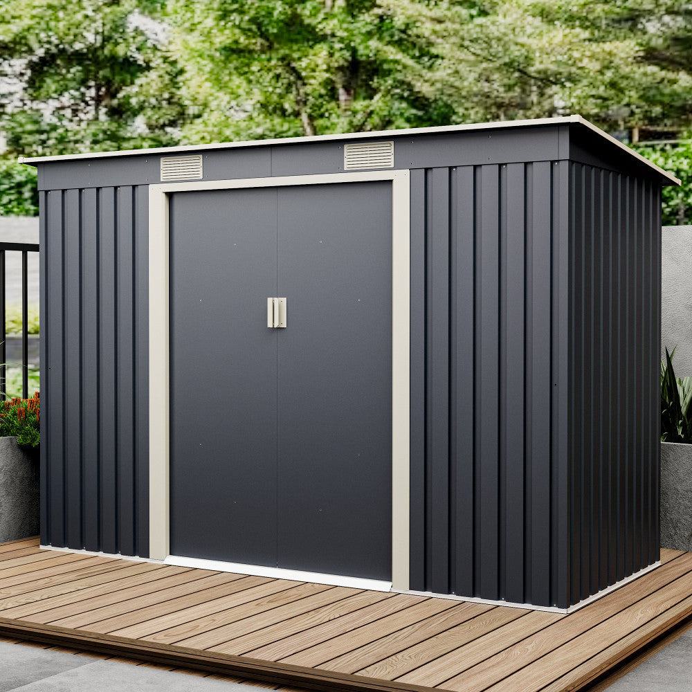 Casuta de gradina metalica ZEP S2001-B, 261x121x176 cm, otel galvanizat, ventilatie, usi culisante, baza inclusa